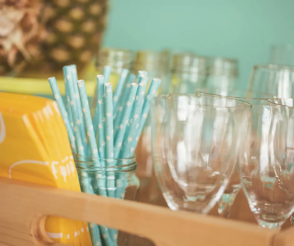 a tray of drink ware ready with dollar store party supplies.