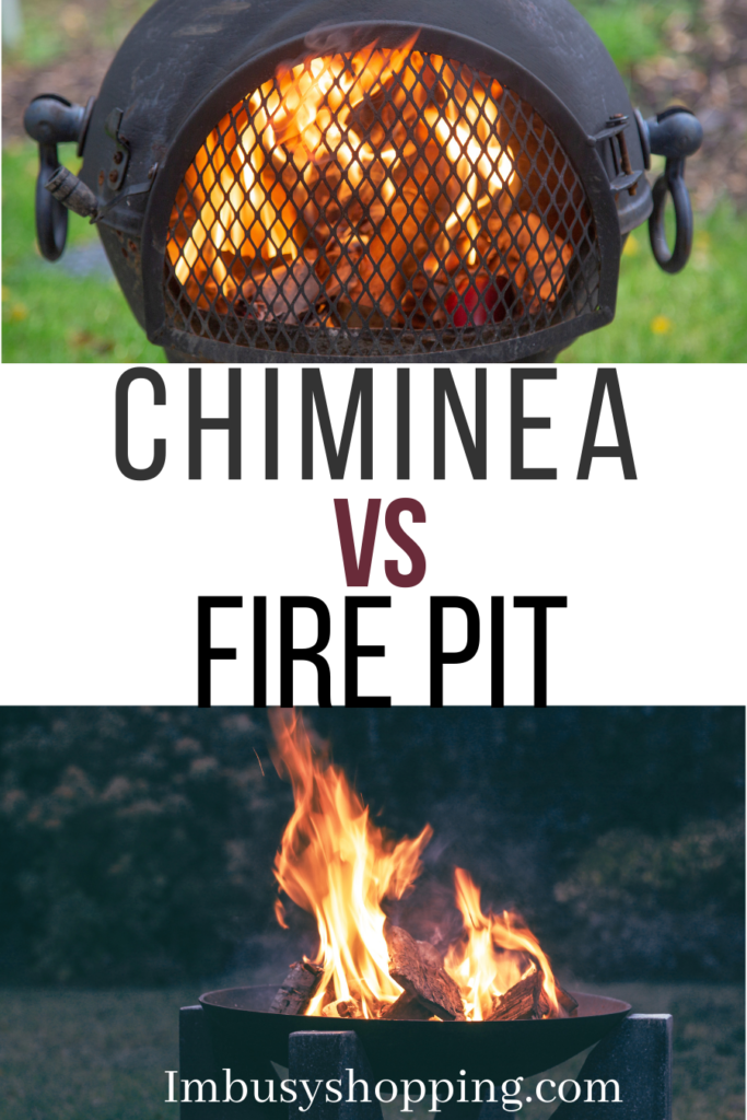 Pin stating Chiminea vs Fire pit with a horizontal image of both