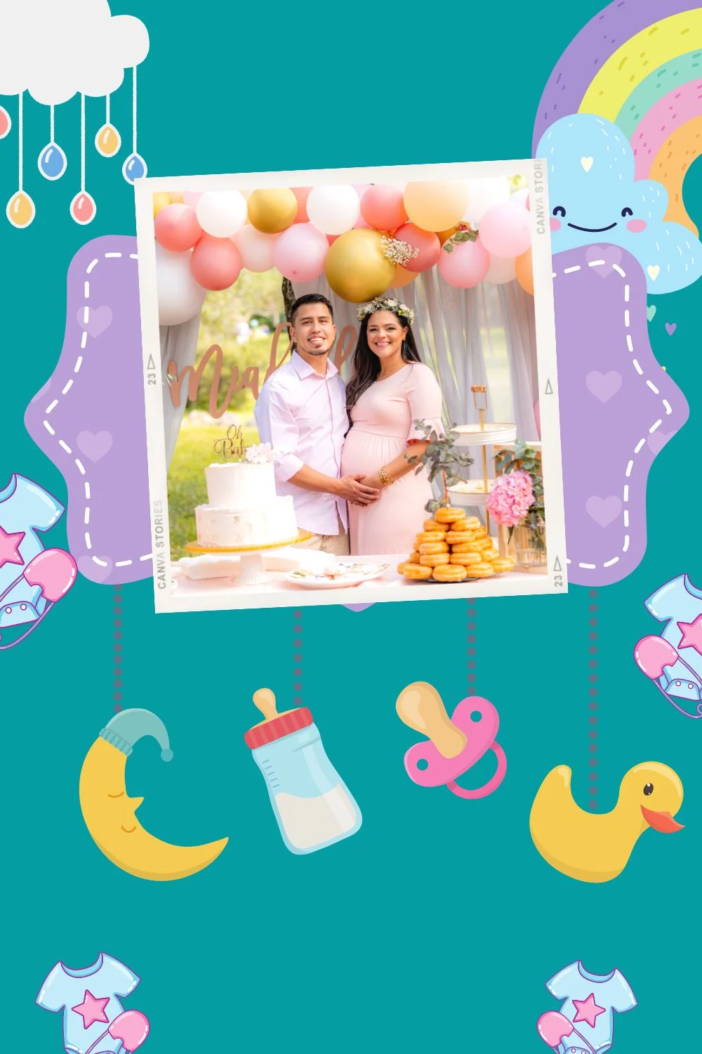 couple having baby shower with balloons on background