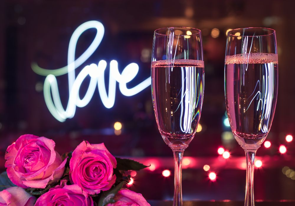 neon lights and wine glasses for Valentines gifts for parents