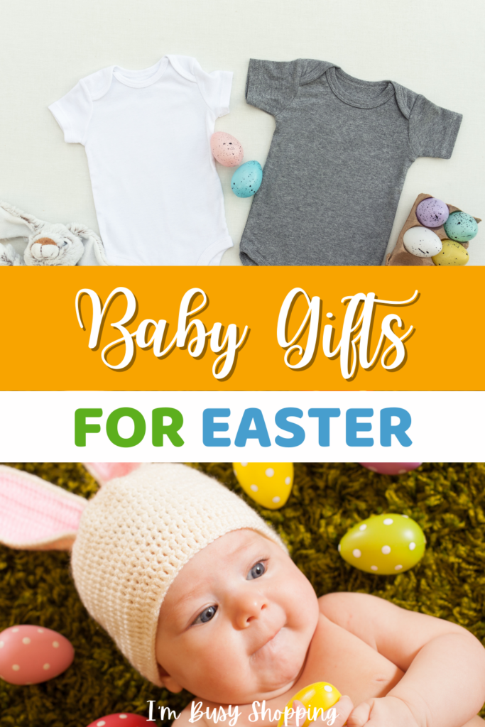 Pin image with two baby suits and easter eggs, and a baby wearing a bunny hat while holding a yellow egg