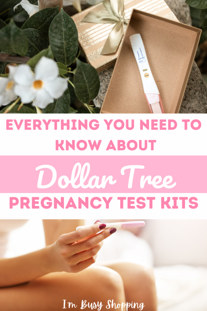 Pin image with title "Everything You Need to Know About Dollar Tree Pregnancy Tests" with photos of pregnancy test kit on a box with flowers, and a girl holding a pink pregnancy test