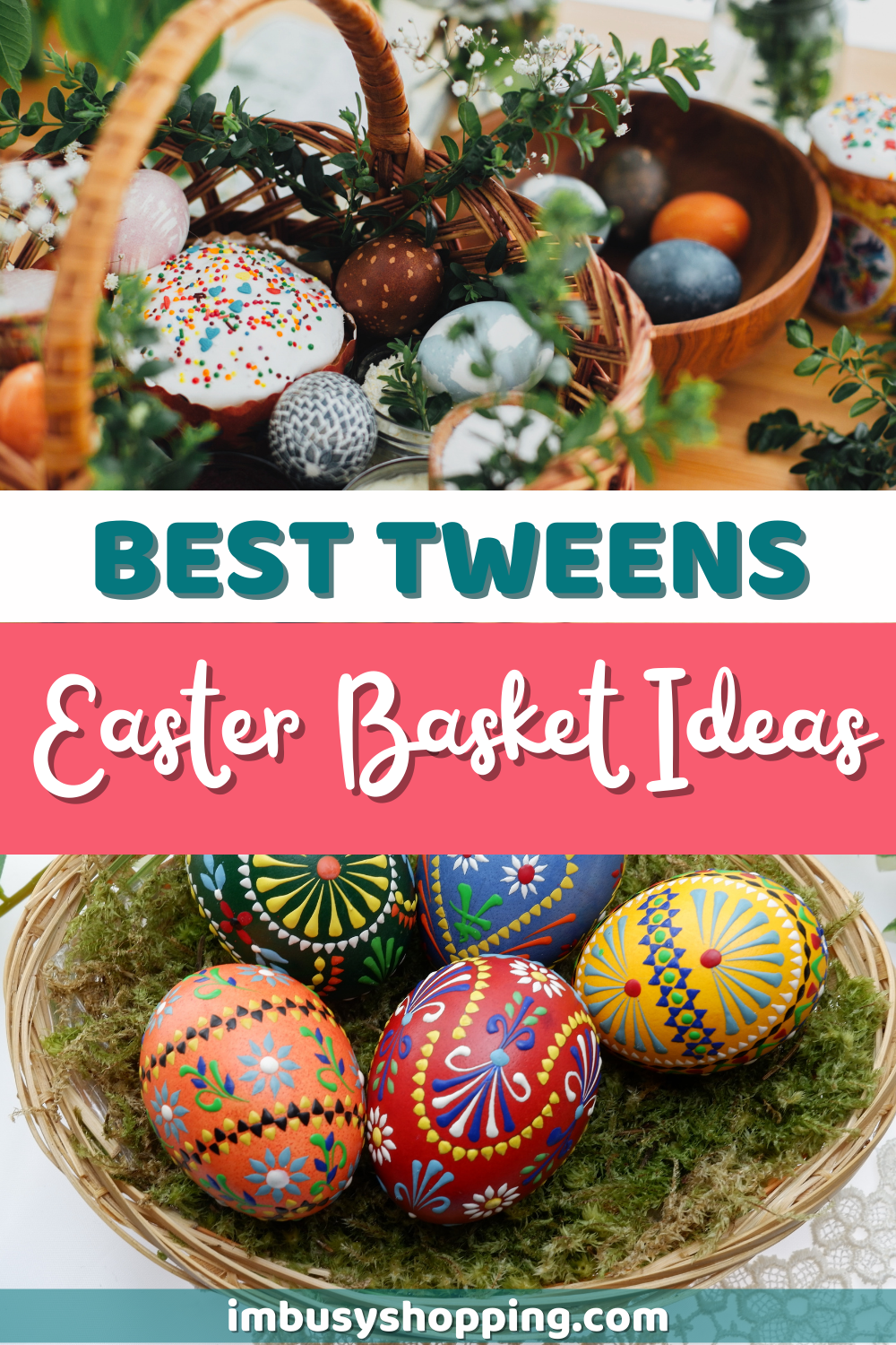 Pin image with wooden basket containing colorful eggs with patterns